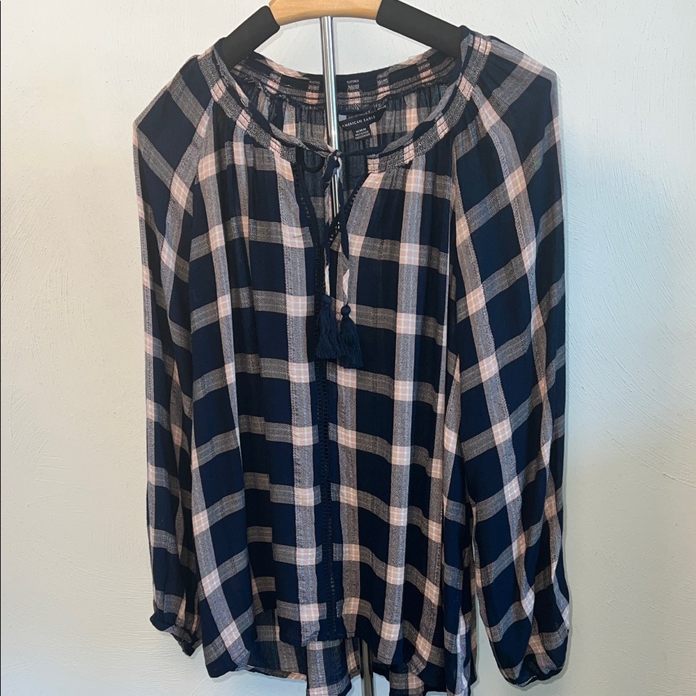 American Eagle Outfitters Blue and White Checkered Blouse - Picture 1 of 9